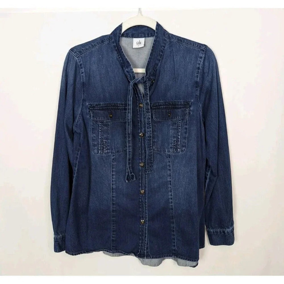 Cabi sz M Blue Waterfront Denim Button Up Shirt Bow Tie Collar Jean Chambray Top - Picture 1 of 16